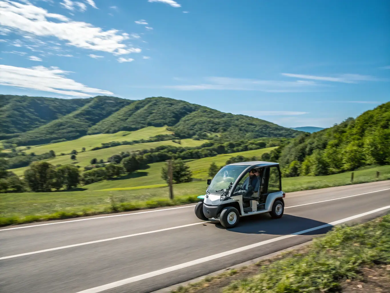 A modern fuel cell truck driving on a highway, representing the transportation industry.