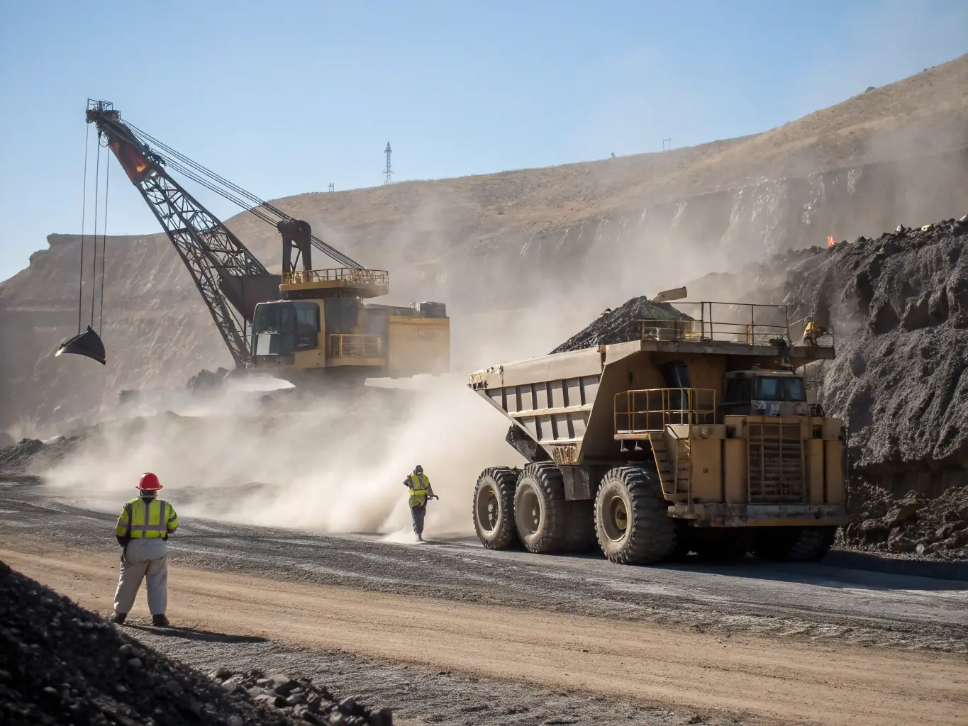A mining site with hydrogen-powered vehicles and equipment, demonstrating the use of hydrogen in mining operations.